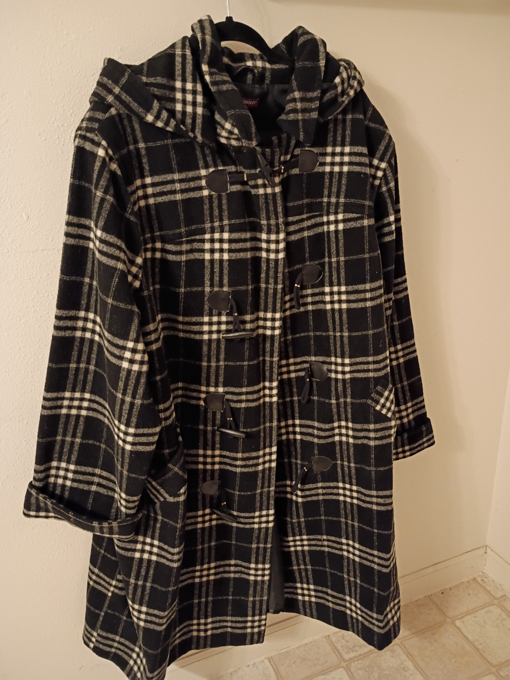 Jessica London Black & White Plaid Hooded Toggle Pea Coat